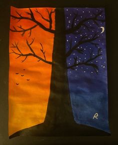 an art project with two trees painted on canvases