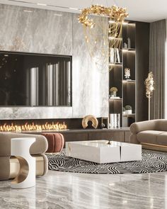 a modern living room with marble floors and fireplace