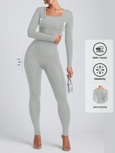 Women's Solid Ribbed Long Sleeve Jumpsuits  Second-Skin Feel Tight-Fitting Play Suit  Romper , Workout Ribbed Long Sleeve Exercise Sportswear Bodysuits One-Piece Yoga Suit Grey   Long Sleeve Knitted Fabric Colorblock,Plain,Striped  High Stretch All Women Activewear, size features are:Bust: ,Length: ,Sleeve Length: High Stretch Ribbed Jumpsuits For Loungewear, High Stretch Ribbed Bodysuit In Athleisure Style, High Stretch Ribbed Athleisure Bodysuit, Athleisure High Stretch Ribbed Bodysuit, Long Sleeve Compression Bodysuit, Fitted Seamless Gray Bodysuit, Fitted Gray Seamless Bodysuit, High Stretch Ribbed Bodysuit For Loungewear, Ribbed Stretch Athleisure Bodysuit