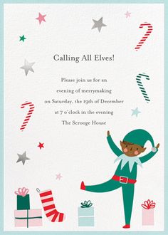 a christmas party card with an elf and presents