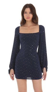 Shimmer Balloon Sleeve Bodycon Dress in Navy Dark Blue Homecoming Dress, Snowball Dresses, Modest Homecoming Dresses, Sparkle Shorts, Long Sleeve Homecoming Dresses, Cute Homecoming Dresses, Formal Dresses With Sleeves, Blue Homecoming Dresses