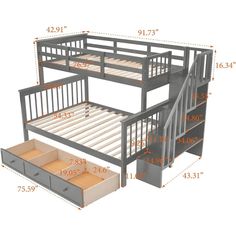 bunk bed with stairs and storage drawers for the bottom level, shown in grey finish