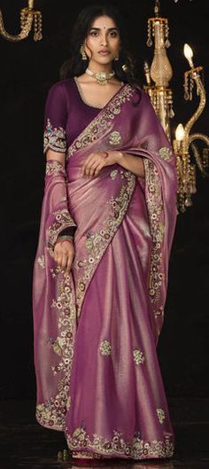 Pink and Majenta color Saree in Silk fabric with Embroidered, Sequence, Thread, Zari work Pink Sequin Saree, Engagement Sarees, Desi Clothing, Onion Pink, Tissue Silk Saree, Sequin Saree, Purple Saree, Organza Silk Saree, Eternal Beauty