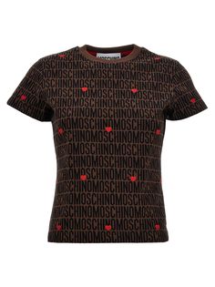 Find MOSCHINO Logo' T Shirt on Editorialist. Cotton T-shirt with jacquard 'Logo' and all-over heart embroidery, round neckline, and short sleeves. MOSCHINO 'Logo' T-shirt true to size fit Fitted Heart Print T-shirt With Crew Neck, Summer Monogram Print Tops, Summer Jacquard Knit Crew Neck Top, Monogram Print Short Sleeve Tops For Summer, Short Sleeve Tops With Monogram Print For Summer, Crew Neck Cotton Tops With Logo Pattern, Cotton Jacquard Knit Short Sleeve Tops, Fitted Jacquard Knit Top With Crew Neck, Monogram Print Crew Neck Graphic Tee