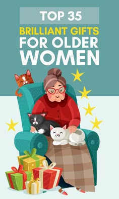 an older woman sitting in a chair with her cat and presents on the floor next to her