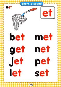 a poster with words and pictures on it that say, bet met get pet lett set