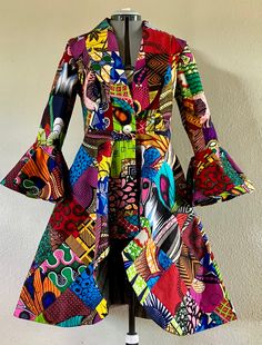 Patchwork Coat, African Fashion Ankara, Flare Sleeves, African Fashion Dresses, Tie Belt, Coat Dress, Flared Sleeves, African Print, African Fashion