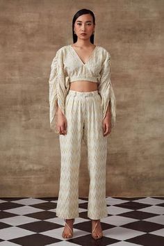 Shop for Rishi and Vibhuti White Organic Cotton Jacquard Freesia Crop Top And Pant Set for Women Online at Aza Fashions Crop Top And Pants Set, Crop Top Pants Set, Patterned Crop Top, Crop Top Set, Geometric Motifs, Western Design, Top And Pants Set, Indian Fashion Designers, Hem Top