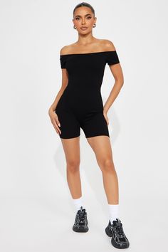 Available In Black And Coral. Romper Off Shoulder Biker Short Stretch Compression Rib 86% Rayon 14% Spandex Imported | Gabby Snatched Romper in Black size XS by Fashion Nova Fitted Casual Summer Activewear, Casual Fitted Activewear For Summer, Fitted Basic Black Activewear, Fitted Black Basic Activewear, Basic Black Fitted Activewear, Black Stretch Activewear For Spring, Fitted Short Sleeve Activewear For Spring, Fitted Short Sleeve Spring Activewear, Trendy Fitted Summer Activewear