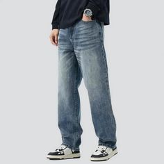 Elevate your trend game with our sanded men's medium-wash jeans from the 2023 Autumn-Winter Collection! These vintage-inspired jeans are the epitome of fashion, with their baggy fit and whiskered details. The high-waistline design adds a touch of sophistication, while the zipper and button closure provide a vogue twist.Distinctive Features Fashion Forward: These jeans exude style and elegance, making them a must-have in your wardrobe. They capture the essence of the 2023 vogue vibes and are a pe 2023 Vogue, Statement Jeans, Medium Wash Jeans, 2023 Autumn, Washed Jeans, Wash Jeans, Baggy Fits, Vintage Pattern, Male Models