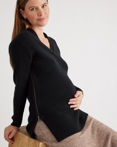 Stay cozy and stylish during your maternity journey with our Mongolian Cashmere Fisherman Side Zip Maternity & Nursing Sweater. Designed with your comfort in mind, this sweater features convenient side zips for easy nursing access, making feeding your little one a breeze. Our quality cashmere is incredibly long-lasting and three times as warm as wool, sourced sustainably and ethically. Read more on what makes it special in our Cashmere 101.  | Quince | Women's Mongolian Cashmere Fisherman Side Z Nursing Sweater, Maternity Nursing, Stay Cozy, Quince, Side Zip, Little One, Nursing, Cashmere, Long Lasting