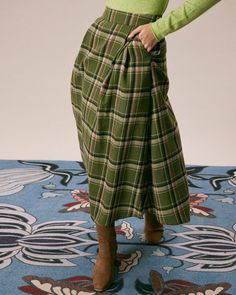 The Green Natural Waisted Plaid Midi Skirt & Reviews - Green - Bottoms | RIHOAS