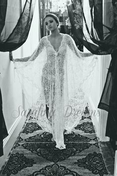 Exclusive Embroidered French Lace Bridal Robe Nightgown Wedding Night Gown With Scalloped Lace, Wedding Night Floor-length Gown With Lace Trim, Floor-length Wedding Night Gown With Lace Trim, Floor-length Lace Trim Gown For Wedding Night, White Sheer Lace Gown, Sheer Lace Wedding Night Gown, Lace Wedding Night Gown With Lace Work, Sheer Lace Wedding Gown, White Long Lace Gown