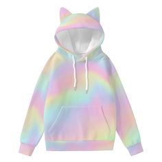 Introducing our Women's Ombre Hoodie - a whimsical and stylish addition to your wardrobe that combines comfort with a touch of playfulness. This Hoodie Sweater features a beautiful pastel rainbow ombre print, creating a vibrant and eye-catching design that's perfect for adding a pop of color to your look. Crafted from a cozy blend of 95% polyester and 5% spandex, this Rainbow Hoodie ensures both comfort and flexibility. What sets this sweater apart is its unique cat ear design, adding a playful and trendy twist to your casual wear. Elevate your cozy style with this Ombre Hoodie, a statement piece that effortlessly combines fashion and fun. Whether you're lounging at home, heading out for a casual day, or simply embracing a unique and playful look, this Rainbow Ombre Hoodie promises to be a Rainbow Hoodie, Ombre Sweater, Ombre Print, Rainbow Ombre, Ear Design, Womens Hoodies, Rainbow Sweater, Cute Hoodie, Cozy Style