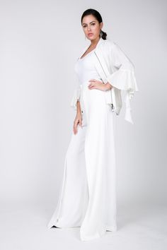 Front wide pleated palazzo pants High waisted Wide leg 100% Polyester Model is wearing a size small Elegant White Pleated Pants, White Wide Leg Pants For Spring Formal, White Wide Leg Pants For Formal Spring Events, Elegant White Straight Culottes, Elegant White Culottes, White Straight Pants For Evening, White Pleated Wide Leg Pants, Chic White Wide Leg Pants For Evening, White Pleated Summer Pants