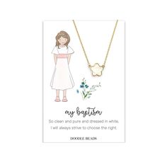 "Baptism card with Dainty flower Necklace filled with pearl enamel. A cherished keepsake necklace for any girl. Baptism gift, Birthday Gift, baptismal preview.  Quote:  \"My Baptism - So clean and pure and dressed in white, I will always strive to choose the right\"  A perfect remembrance keepsake gift.    J E W E L R Y ∙ D E T A I L S * MATERIAL: Silver or Gold Plated / Brass - non yellowing pearl epoxy.  * PENDANT SIZE: 12mm * CHAIN LENGTH: 12\" chain + 2\" chain extender * CLASP STYLE: Lobste White Necklace For First Communion And Mother's Day, Personalized Necklaces For First Communion And Mother's Day, Personalized Necklace For First Communion And Mother's Day, Personalized Necklace For First Communion, Mother's Day, Lds Baptism Gifts, Baptism Card, Keepsake Necklace, Lds Baptism, Baptism Cards