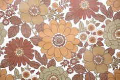 an orange and brown flowered wallpaper with lots of flowers on the bottom half of it