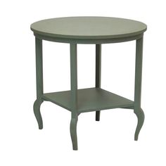 a round table with two legs and a small shelf on the bottom, in green