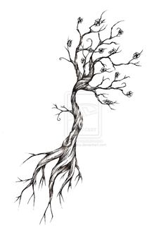 a black and white drawing of a tree with roots