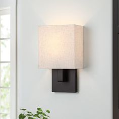 a lamp that is on the wall next to a potted plant