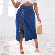 Plus Size Placket Straight Denim Skirt Chic Non-stretch Blue Denim Skirt, Denim Skirt For Day Out, Denim Blue Denim Skirt For Day Out, Chic Denim Skirt With Buttons, Chic Blue Denim Skirt With Buttons, Blue Denim Skirt With Button Closure For Day Out, Fit N Flare Dress, Women Skirts Midi, Fit & Flare