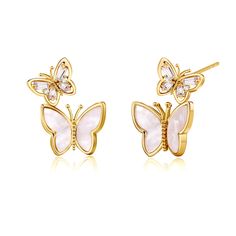 PRICES MAY VARY. ✦Qualify Material✦ These butterfly earring studs are crafted from 14K gold plated and S925 sterling silver posts: Non-allergy, non-tarnish, polished finish, comfortable fit. ✦Simple Style✦ The butterflies inlaid with 5A+ cubic zirconia & AAA+ white shell stone respectively, which is luxury and classic, perfectly matching your various wearing style. ✦Delicate Craft✦ The fine craft of gold plated makes these stud earrings can be long-term storage, non-copper reaction, higher cost- Strawberry Butterfly, Butterfly Earring, Anime Outfit, Butterfly Earrings Gold, Small Stud Earrings, Nice Jewelry, Womens Earrings Studs, Wearing Style, Hollow Heart