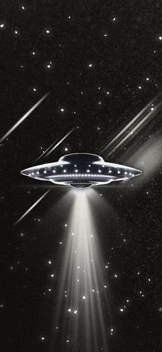 an alien spaceship flying through the night sky with stars in the background and light coming from its head