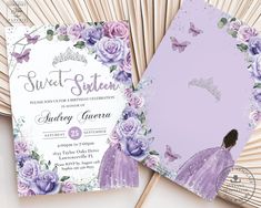 a purple and white wedding card with flowers on it, next to an envelope that says sweet sixteen