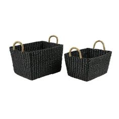 two black wicker baskets with handles