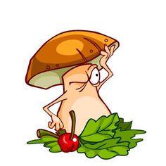 a cartoon character with a mushroom on his head, holding a cherry and green leaves