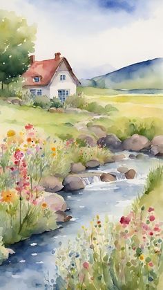 a watercolor painting of a house near a stream with flowers in the foreground