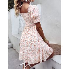 Light Pink Ruffle Hem Square Neck Chiffon Floral Dress Floral Chiffon Dress, Picture Style, Pink Floral Print, Ruffle Hem Dress, Flounce Sleeve, Light Cream, Floral Ruffle, Flowy Skirt, Pink Mini Dresses