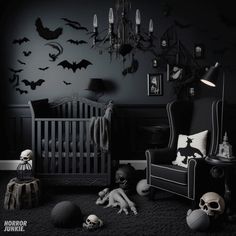 All Black Nursery, Victorian Goth Nursery, Goth Rocking Chair, Black Themed Nursery, Dark Modern Nursery, Adams Family Nursery, Black Rocking Chair Nursery, Gothic Cat Bed