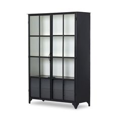 a black bookcase with glass doors on the front and bottom shelves, against a white background