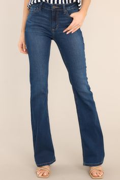 These dark wash denim jeans feature a classic button and zipper closure, belt loops, front and back pockets, a flared cut, and a dark wash. Oh Really, Dark Wash Flare Jeans, Red Dress Boutique, Fun Loving, Boutique Dresses, Hip Length, Unique Fashion, Flare Jeans, Red Dress