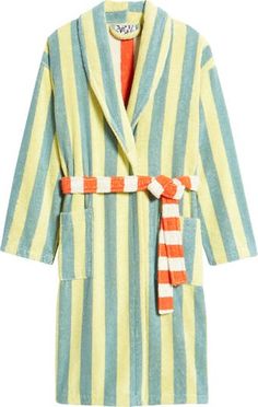 Cotton Bathrobe, Dusen Dusen, Terry Robe, Wear Green, Yellow Stripes, Brushed Cotton, Mode Inspiration, Terry Cloth, Shawl Collar