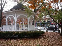 a white gazebo sitting in the middle of a park surrounded by trees and leaves