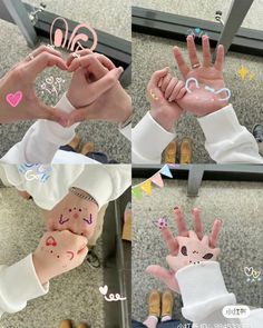 four pictures of hands with different designs on them, and one showing the number five