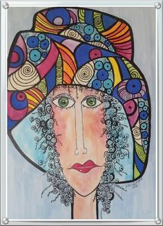 a painting of a woman wearing a colorful hat with curly hair and green eyes is shown