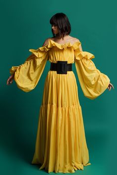 Oversized sleeves pleated off shoulder dress - HerTrove Isabel Sanchis, Long Puffy Sleeves, Black Waist Belt, Oversized Sleeves, Oversize Sleeves, Modern Disney, Puffy Sleeves, Disney Style, Yellow Dress