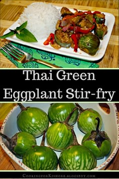 thai green eggplant stir - fry with rice in a bowl and on a plate