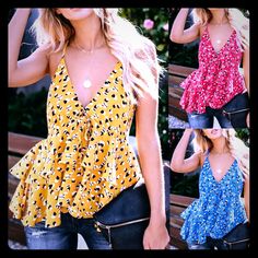 Ruffled Peplum Cami/Tank Preorder Cute V-neck Tank Top For Spring, Multicolor V-neck Tank Top For Day Out, Chic Sleeveless Blouse Camisole For Vacation, Trendy Floral Print Cami Tank Top, Trendy Floral Print Camisole Tank Top, Flirty Summer Camisole For Day Out, Cute Spring Camisole Vest, Multicolor Tank Camisole For Spring, Flirty Sleeveless Camisole For The Beach