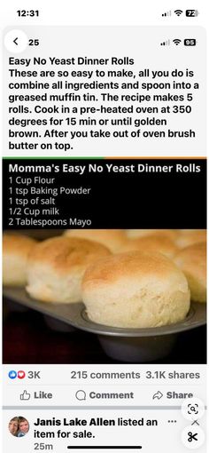 an instagram page for momma's easy no yeast dinner rolls, which is also available on facebook