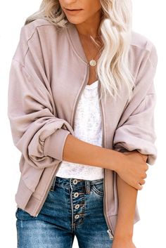 Pink Too Soft Pocketed Bomber Jacket Casual Beige Track Jacket For Fall, Oversized Solid Track Jacket For Fall, Cheap Jacket, Casual Streetwear, Jackets Online, Coat Fashion, Jacket Style, Online Clothing, Casual Shorts