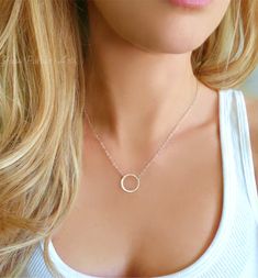 "Minimalist Eternity Necklace - 100% Sterling Silver, Rose Gold Fill or 14k Gold Fill A great gift for yourself or someone you love - Eternity circle is sterling silver, 14k gold fill or rose gold fill (Measures 17mm) - Dainty chain is available in 14k gold fill, rose gold fill or sterling silver - Necklace length includes circle and is shown at 18\" - Choose your favorite length - Necklace closes with a sterling silver, 14k gold fill, or rose gold fill spring clasp - Necklace is handcrafted, ma Double Circle Necklace, Infinity Necklace Gold, Infinity Necklace Silver, Gold Minimalist Jewelry, Interlocking Circle Necklace, Circle Jewelry, Baby Necklace, Mother Daughter Necklace, Infinity Jewelry