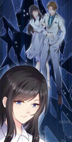 an anime character with long black hair and blue eyes standing in front of another character