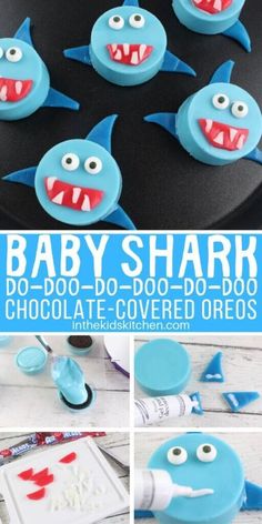 baby shark cupcakes with chocolate covered oreos