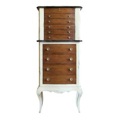 an old fashioned wooden dresser with drawers on the top and bottom, against a white background