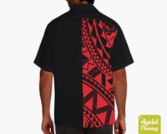 "IF YOU NEED YOUR ITEMS TO ARRIVE BY SPECIFIC DATE PLEASE UPGRADE TO EXPRESS SHIPPING AT THE CART. This stunning Polynesian Samoan shirt with short sleeve is featuring red on black tribal design on black background. If you would rather this shirt was in another color or combination of colors please get in touch and let me know and I will do my best to accommodate you. This unique and eye catching Hawaiian shirt with short sleeves is the perfect shirt for daytime or evening casual wear. The shirt Black Hawaiian Shirt With Graphic Print, Traditional Black Printed Shirt, Black Hawaiian Camp Shirt With Graphic Print, Black Relaxed Fit Hawaiian Camp Shirt, Black Hawaiian Printed T-shirt, Muumuu Dress, Bowling Shirt, Bowling Shirts, Mens Oxfords