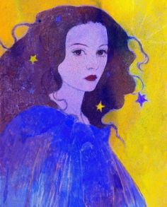 a painting of a woman with stars on her head and blue dress, in front of a yellow background